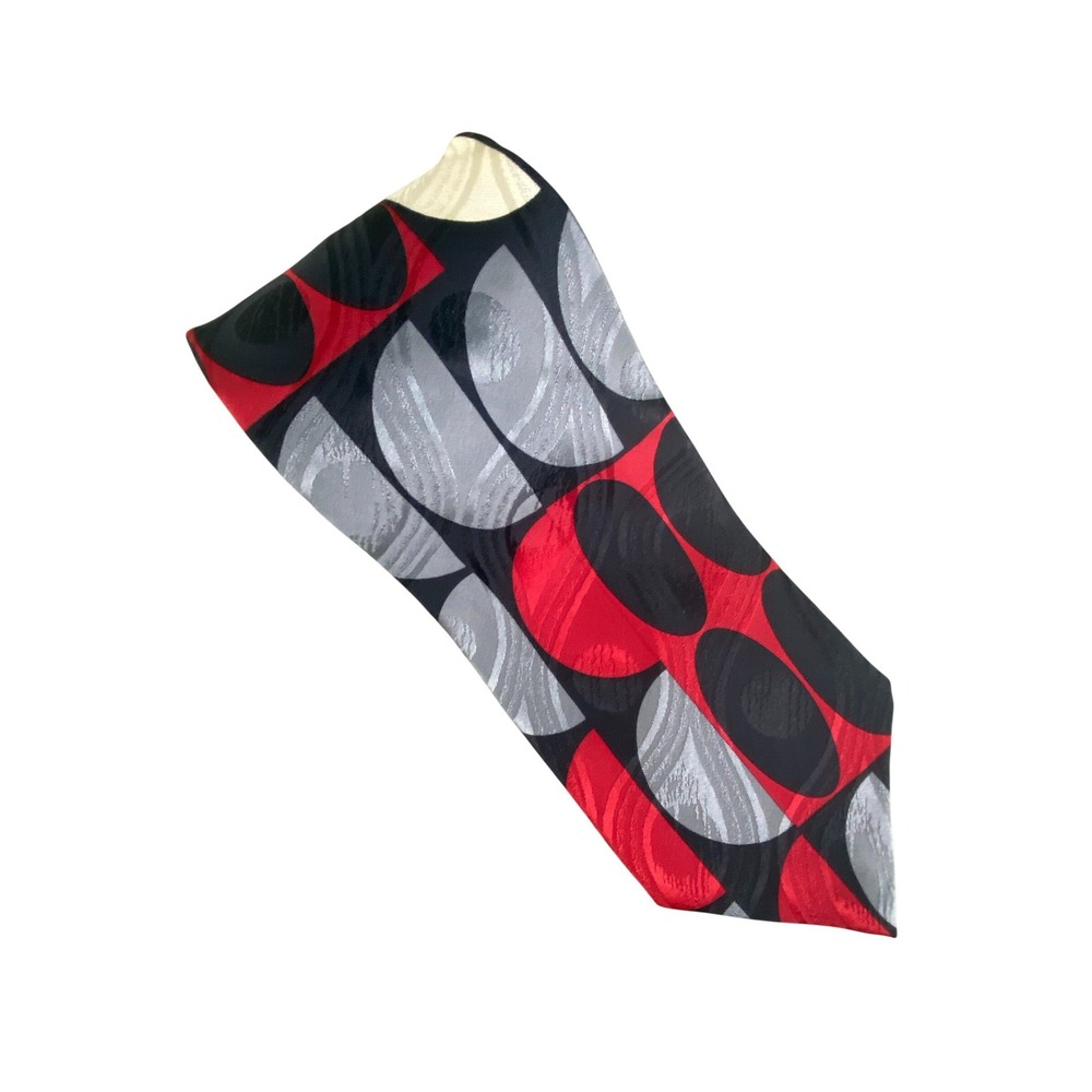 Fratelli Moda Men Tie Geometric Abstract Red Grey Black Silk Made in Italy 55x4